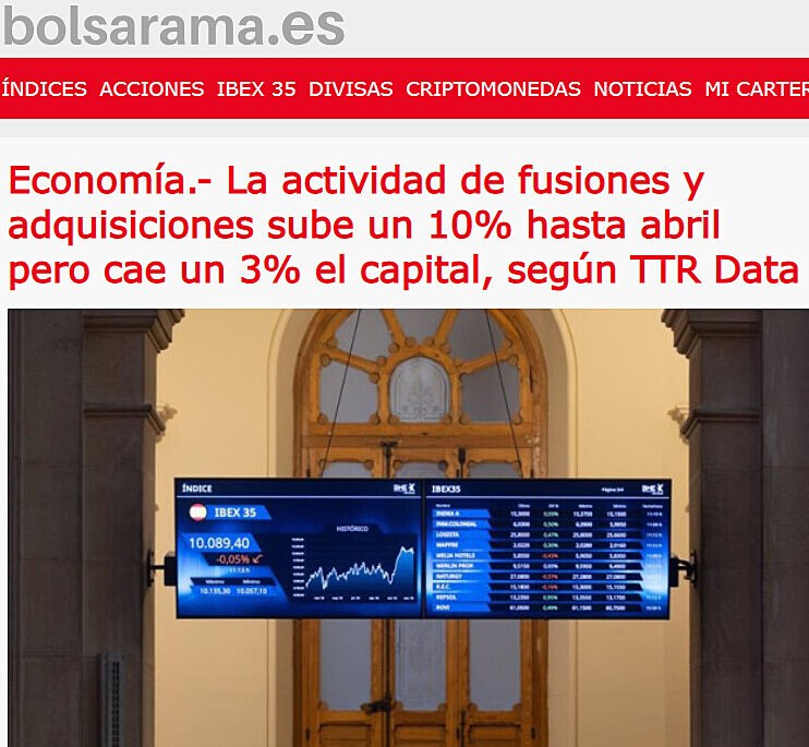 Economa.- La actividad de fusiones y adquisiciones sube un 10% hasta abril pero cae un 3% el capital, segn TTR Data